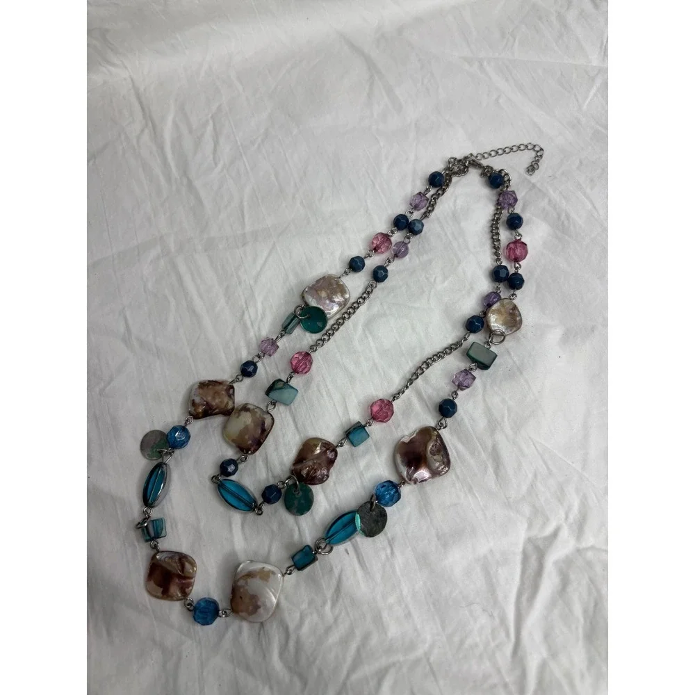 Multi Strand Statement Necklace Natural Shell Beads Blue Pink Purple Accent